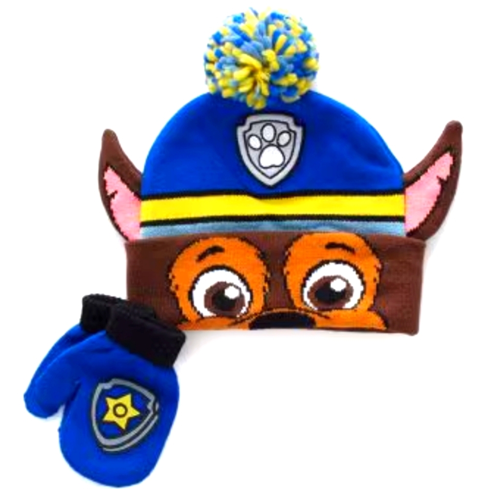 Paw Patrol Chase Blue and Brown Stretch Beanie with ears and Mittens Set New